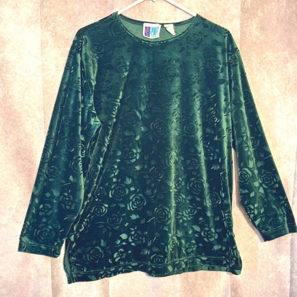 Vintage 80's Bold Spirit Velour Pant Set Women Large Green Floral GrannyCore